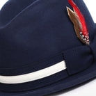 montique navy fedora with white grosgrain ribbon and feather