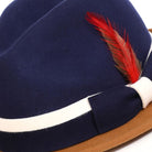 montique two tone fedora navy crown cappuccino brim side view