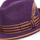 montique grape fedora with tan trim and striped ribbon side view