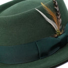 hunter pork pie hat side view with feather detail