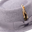 grey pork pie hat side view with feather details