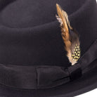 black pork pie hat side view with feather detail