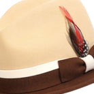 side view brown beige fedora with red feather