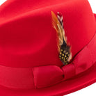 montique red wool felt pinch crown fedora with feather