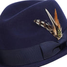 montique navy wool felt pinch crown fedora with feather