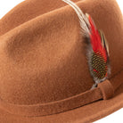 brown saddle fedora hat with feather accent