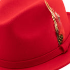 red fedora hat with feather accent