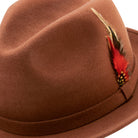 cognac fedora hat with feather accent