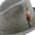 grey fedora hat with feather accent