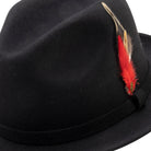 black fedora hat with feather accent