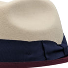 side view white fedora burgundy brim ribbon band