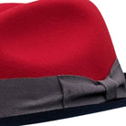 side view red fedora navy brim ribbon band