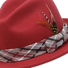 side view burgundy fedora hat plaid band
