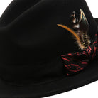 side view black fedora rust band feather