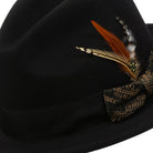 side view black fedora khaki band feather
