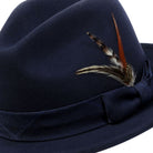 side view navy fedora feather detail