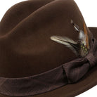 side view brown fedora feather detail