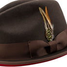 side view brown fedora feather detail