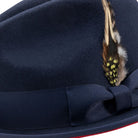 side view navy fedora feather detail