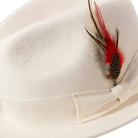 side view white fedora feather accent