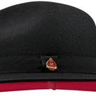 side view black felt hat with red underside