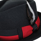 side view black stingy brim fedora with red band