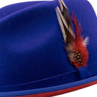 side view royal hat with red underside and feather