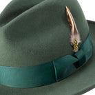 Men's hunter wool felt fedora hat with grosgrain ribbon band and feather detail by Montique