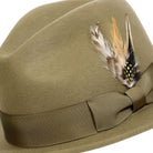 Men's olive wool felt fedora hat with grosgrain ribbon band and feather detail by Montique