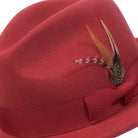 burgundy felt fedora pinch crown hat with feather detail