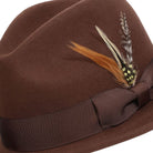 montique brown wool felt fedora hat with 2.5 inch wide brim