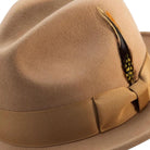 montique tan wool felt fedora hat with 2.5 inch wide brim