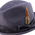 side view grape felt fedora with feather accent