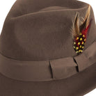 brown fedora hat with 2 1/8 inch brim side detail