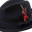 black fedora with grosgrain ribbon and feather side detail