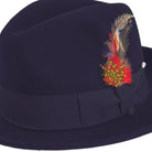 navy fedora with grosgrain ribbon and feather side detail