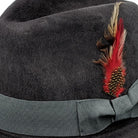 silver fur felt fedora with grosgrain ribbon and feather side close up detail
