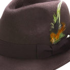 brown fur felt fedora with grosgrain ribbon and feather side detail