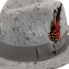 heather grey fur felt fedora with grosgrain ribbon and feather side detail
