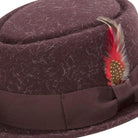 brown pork pie hat with teardrop dent crown and feather side detail