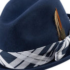 side view navy fedora hat feather accent