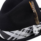 side view black fedora hat feather accent