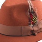 cognac fine felt fedora with grosgrain ribbon and feather detail