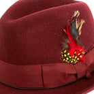 burgundy fine felt fedora with grosgrain ribbon and feather detail