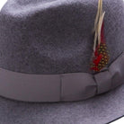 grey fine felt fedora with grosgrain ribbon and feather detail