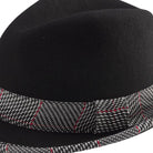 black pinch front fedora with plaid brim trim detail
