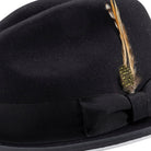 side view black hat with white brim underside and feather