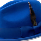 side view royal hat with white brim underside and feather