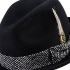 black pinch crown fedora with short brim and feather accent