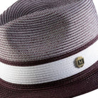 Close up of wine wide brim straw fedora hat pinch crown